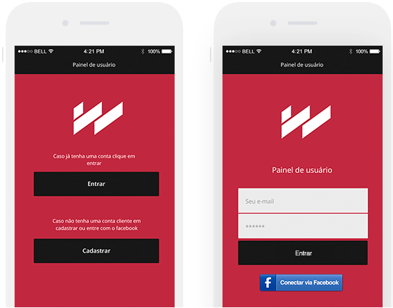 Página de entrada do hotspot no celular, com as opções Entrar, Cadastrar e Conectar via Facebook.